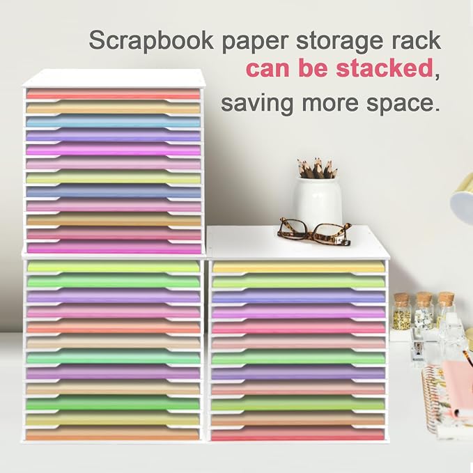 SONGWAY 12x12 Paper Storage Organizer - 13 Tier Desk File Organizer with Adjustable Shelves, Letter Mail Tray, 12x12 Stackable Scrapbook Paper Storage Cube for Home Office Classroom