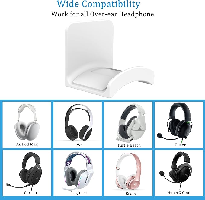 SOKUSIN Headphone Stand Headset Holder - Adhesive Gaming Earphones Hanger, Universal Desk Wall Mount Hook for All Headphone/Controller, Compatible with Beats, AirPods Max,Sony, JBL (White-2PCS)