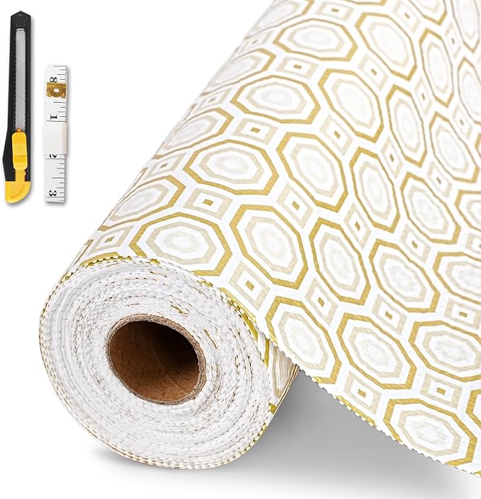 Drawer and Shelf Liner for Kitchen Cabinet,Non-Adhesive Cabinet Liner 12in x 20FT,Waterproof Shelf Paper Non-Slip Mats Cupboard Liners Contact Protect Dresser/Shelves/Table-Gold Octagonal