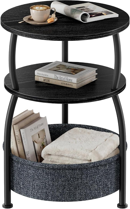 Round Side Table with Storage Basket, 15.75in Small Space-Saving End Table 3-Tier Bedside Corner Table for Living Room, Bedroom, Garden, Sofa Side Table