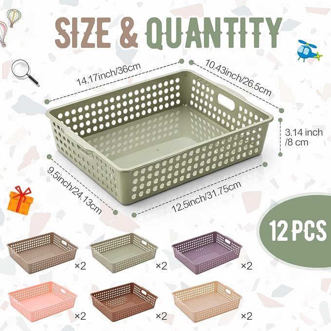 Geetery 12 Pack Classroom Storage Baskets with Handle 14''x10'' Paper Tray Holds A4 Turn in Trays Plastic Paper Baskets Desk Organizer Bin for Classroom, Library, Office, Home (Terrazzo Color)