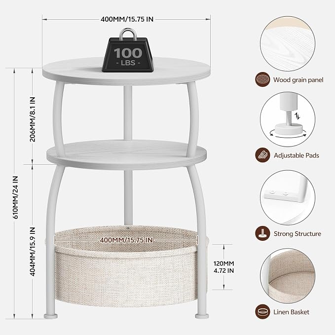 Round Side Table with Fabric Basket, Small Space Saving End Table 3-Tier Bedside Corner Table for Living Room, Bedroom, Garde Rustic Matte White 15.75in