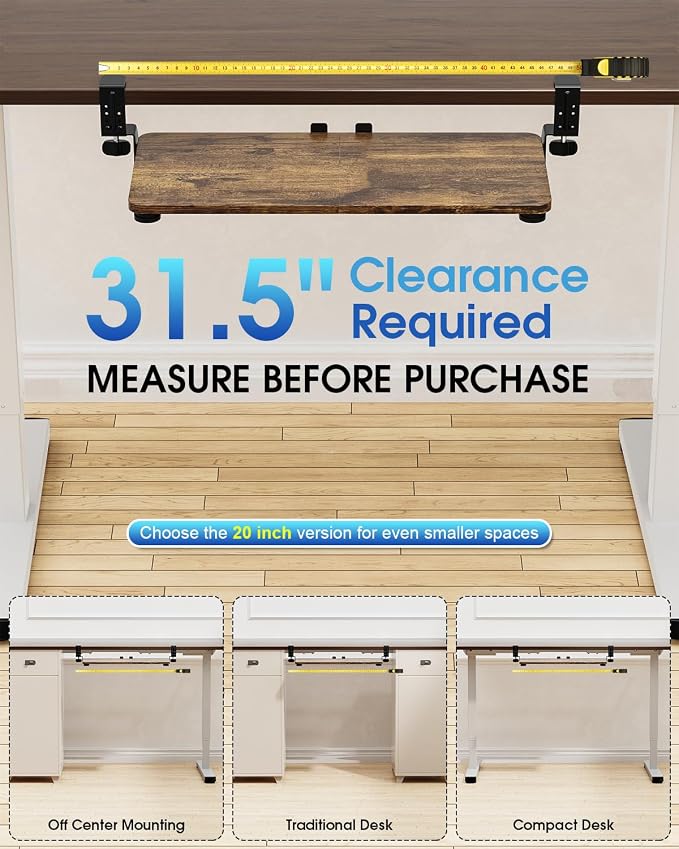 Large Keyboard Tray Under Desk, Pull Out Keyboard & Mouse Tray with Adjustable C-clamp, 25.6(31.5 Including Clamps) x 11.8 Inch Slide Out Computer Keyboard Drawer Mouse Tray for Typing, Brown