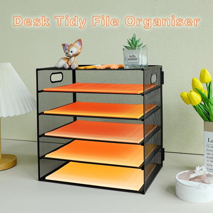 5-Tier Paper Letter Tray Organizer with File Holder，Paper Sorter Desk Organizer Metal mesh Desk Tray for Home Office School