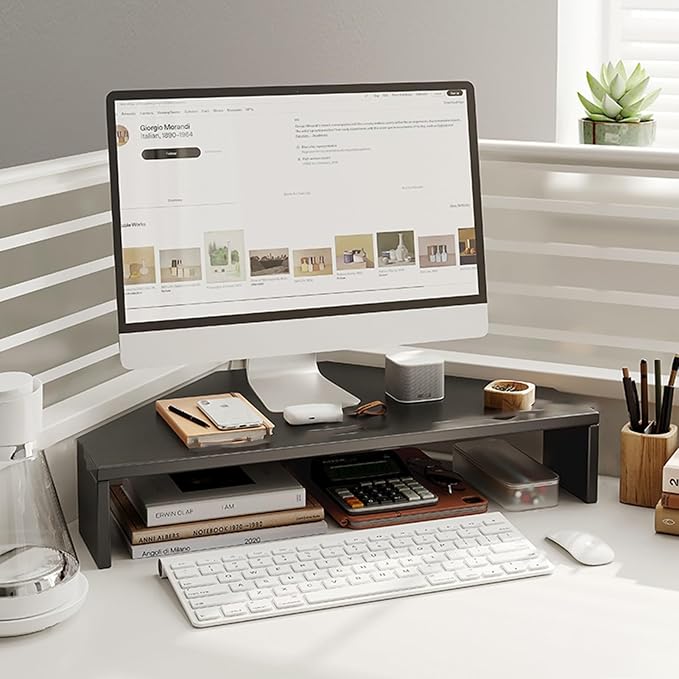 Corner Monitor Stand Wood Cut Triangle Corner Computer Stand, Desk Corner Monitor Riser with Storage Keyboard ＆ Mouse, Screen Stand Office Workspace Organizer ( Color : Black , Size : H-8cm(3 1/8") )