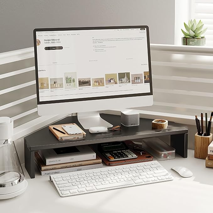 Wooden Corner Monitor Stand & Desk Riser - Triangle Design with Keyboard & Mouse Storage, Space-Saving Organizer for Home Office & Workspace, Stylish and Functional.