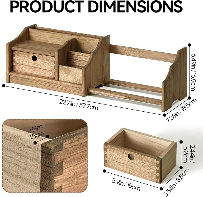 KIRIGEN Desktop Bookshelf Organizer with Drawer, Expandable Wood Desk Shelf, Fully Assembled Book Rack for Office Supplies, Files and Notebooks, 12.24 to 22.7 in Adjustable Width, SSSJ-S-DBR