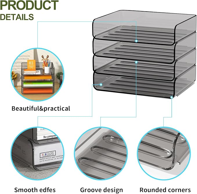 FANXIYQ 4-Tier Acrylic Paper Tray Organizer, Brown Stackable Desk File Organizer for Documents, Mail, Homework & Notebooks, Letter Tray Storage for Home Office, Classroom & Study Desk