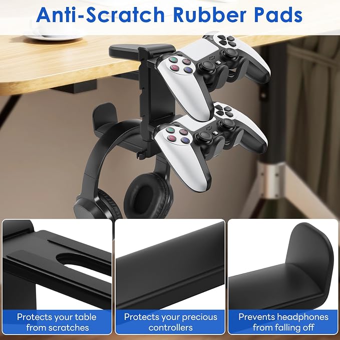 3 In 1 PC Gaming Headphone & Controller Stand Holder, Clamp On Headset Hanger with 360° Rotation Hook, Under Desk Cable Clip Organizer Earphone Storage Rack, Universal XBOX PS5 PS4 Switch Gift, Black