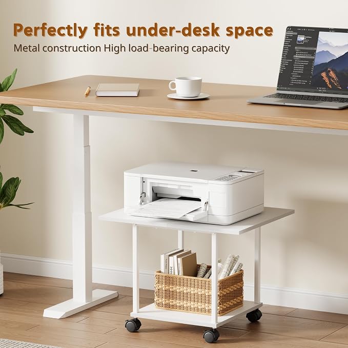 BEWISHOME 2-Tier Industrial Mobile Printer Stand, Rolling Cart with Storage Shelf, Lockable Wheels, for Home, Office (White) BDZ01W