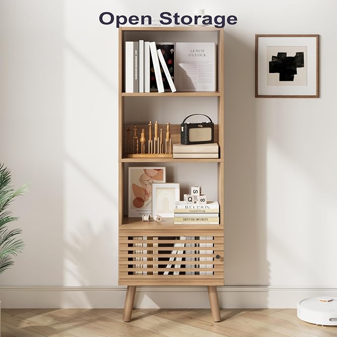 Furnify Small Narrow Corner Bookcase, 55" H Mid-Century Modern Bookshelf with Slatted Door, 4 Cube Bookcase with Open Shelf, Display Storage Cabinet for Living Room, Home Office, Oak