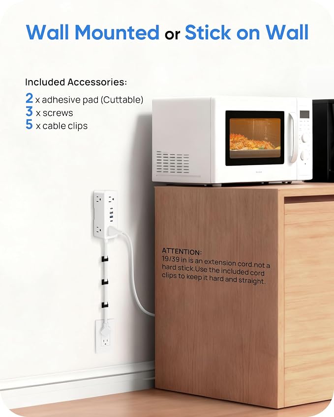 Electrical Outlet Extender Stick, Features 4 USB & 6 Outlets, 19in Flexible Extension Cord Access Hard-to-Reach Outlets, Wall Plug Power Socket Expander Nightstands Sofa Desk
