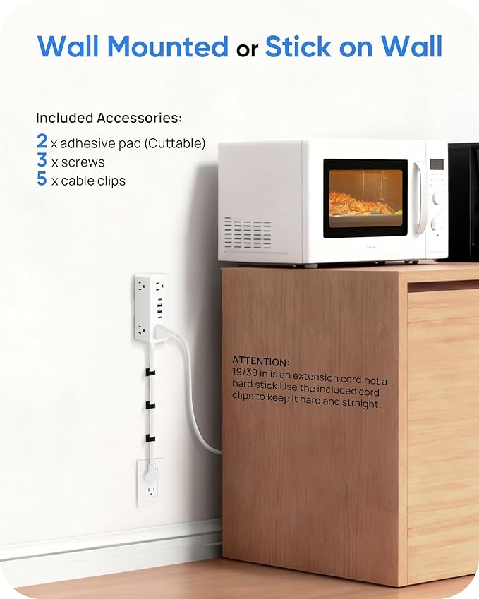 Electrical Outlet Extender Stick, Features 4 USB & 6 Outlets, 39in Flexible Extension Cord Access Hard-to-Reach Outlets, Wall Plug Power Socket Expander Nightstands Sofa Desk