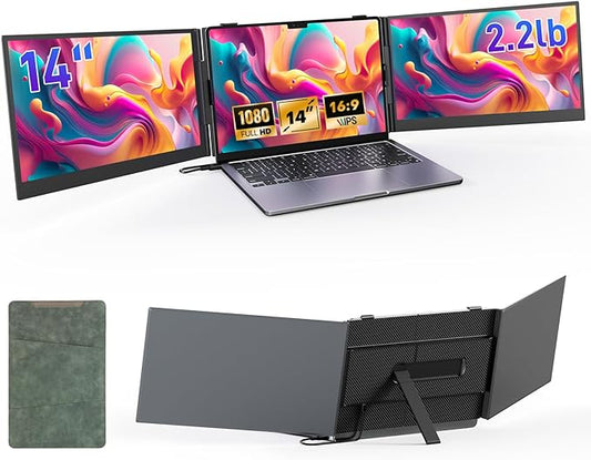 Laptop Screen Extender, 14" Ultra Thin Lightweight(2.2lb) FHD 1080P Triple Portable Monitor for Laptops 13-17.3", Plug-Play Aluminum Dual Monitor Extended for Mac/Windows, Business/Travel/Home/Office