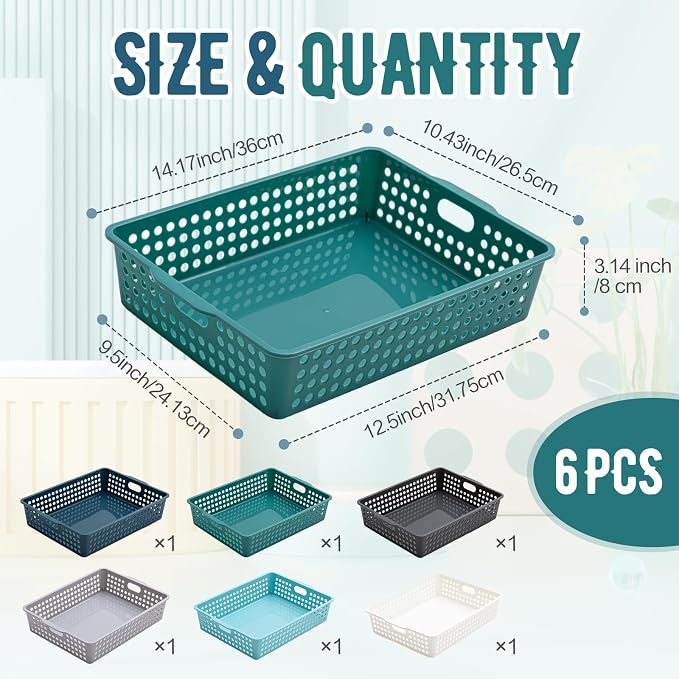 Geetery 6 Pack Classroom Storage Baskets with Handle 14''x10'' Paper Tray Holds A4 Turn in Trays Plastic Paper Baskets Desk Organizer Bin for Classroom, Library, Office, Home (Morandi Color)