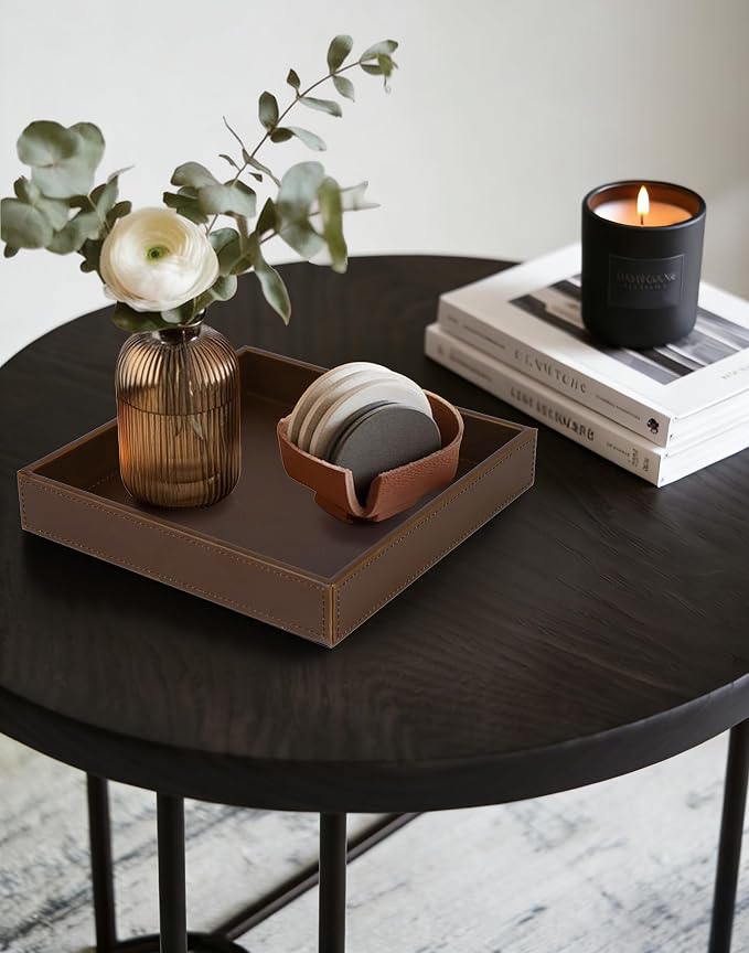 HofferRuffer Faux Leather Vanity Tray, Elegant Desktop Storage Organizer, Decorative Catchall for Perfume, Bathroom Valet, Nightstand or Dresser, 10 x 10 x 1.8 inches (Brown)