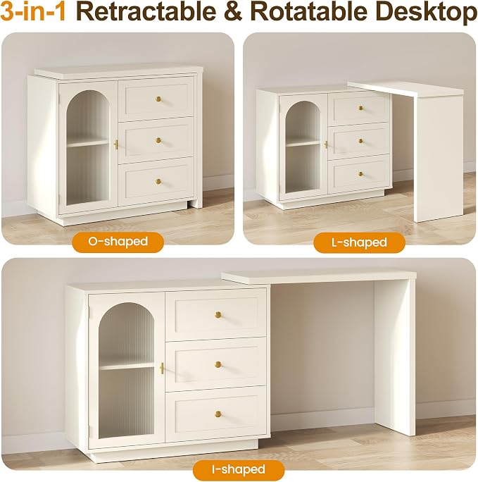 FansaFurn 59” Extendable Corner Vanity Desk, 3 in 1 Vanity with Rotatable Tabletop, Large White Makeup Table for Women Girl, 3 Drawer & 1 Door, Wood Dresser for Apartment, Bedroom, Home Office
