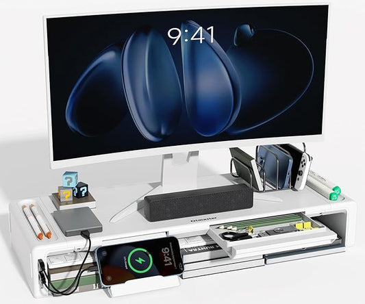OImatser Monitor Stand Riser with USB 3.0 Hub & Type-C Port, Foldable Adjustable Computer Stand with Storage Drawer, Pen Slot & Phone Holder, Space Saving Laptop Stand for Home Office Desk Organization (White-3.0 HUB-Adapter)