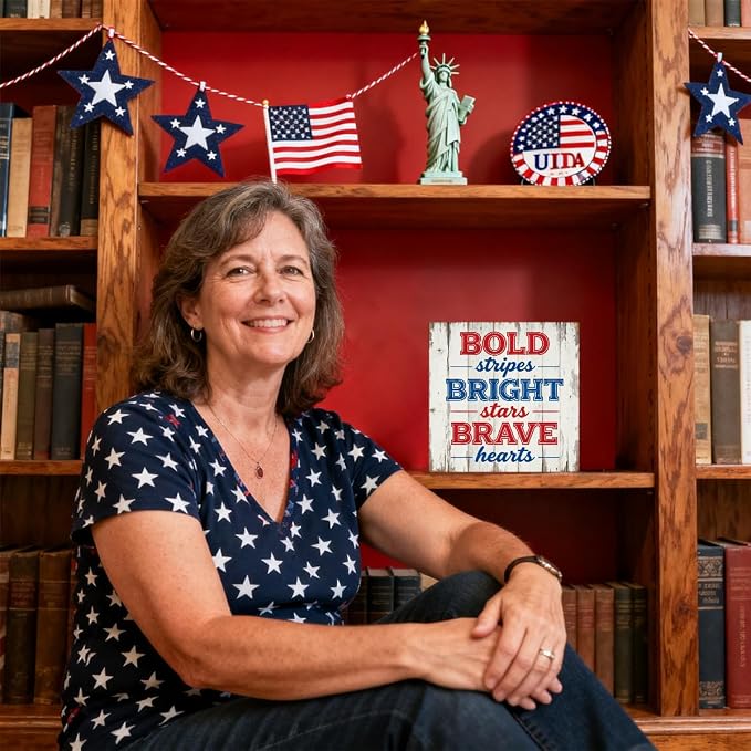 Patriotic Wooden Box Sign,Bold Bright Brave 4th Of July Signs Home Decor,Independence Memorial Day Block Sign for Desk Shelf Tabletop Decor