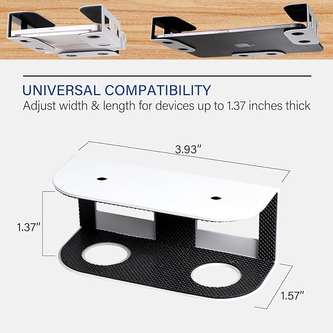 BYMECOST Under Desk Laptop Storage Mount, Metal Under Desk Device Holder, for Devices Up to 1.37" Thick, MacBook, Mini, Keyboard, Router, with Anti-Scratch Silicone (White)