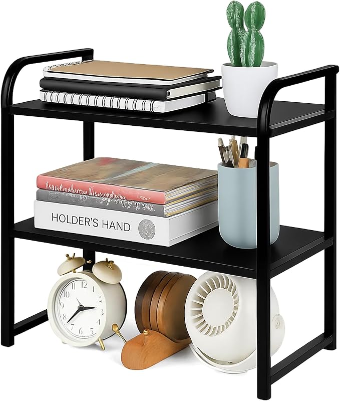 Desktop Shelf Organizer 2-Tier Office Desk Shelf for Top of Desk Wood & Metal Bookshelf Supplies Storage Rack (Black)