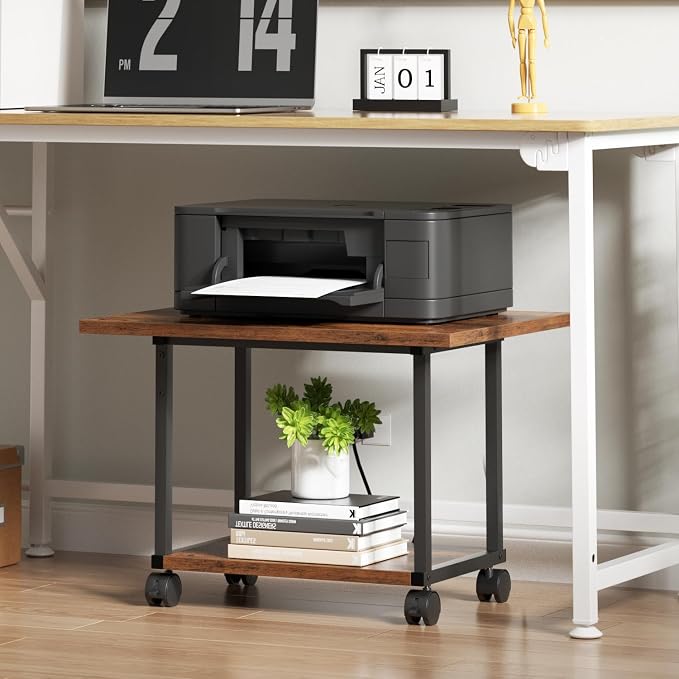 Asgolion Printer Table, 2-Tier Under Desk Printer Stand, Printer Stand with Wheels, Printer Shelf for Small Spaces, Printer Cart for Home Office Rustic Brown