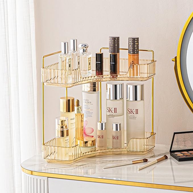 shuang qing 2-Tier Corner Bathroom Counter Organizer – Classic Storage Shelf for Makeup, Perfume & Toiletries, Space-Saving Countertop Tray Fits Bathroom, Dresser, Kitchen (Vintage Gold)