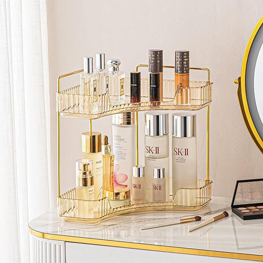 shuang qing 2-Tier Corner Bathroom Counter Organizer – Classic Storage Shelf for Makeup, Perfume & Toiletries, Space-Saving Countertop Tray Fits Bathroom, Dresser, Kitchen (Vintage Gold)