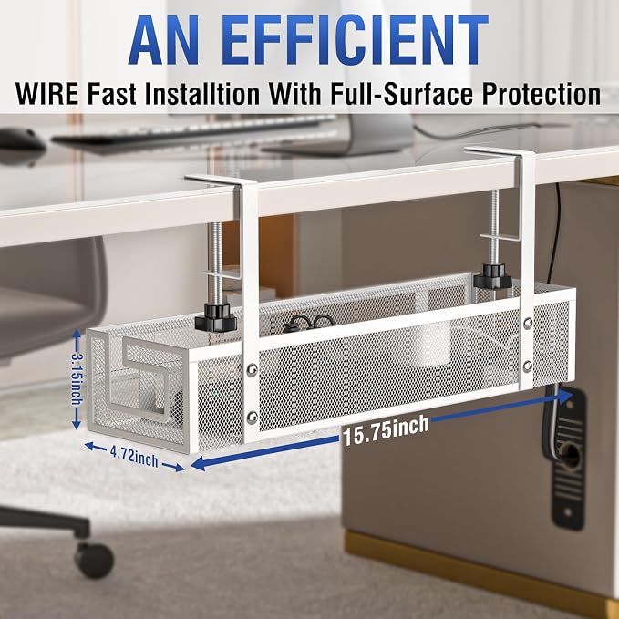 Under Desk Cable Management Tray, GZOKMOG 15.75" No Drill Cable Management Under Desk, Heavy Duty Metal Cord Organizer, Home Office Wire Management for Standing/Gaming Desk, 1 Pack White