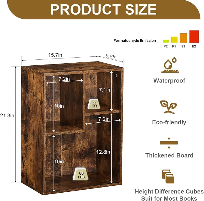 VECELO 15.7" Open Bookshelf, Waterproof Particle Board Asymmetrical Split Cubby Storage Organizer, Brown Uneven Compartment Display Cube for Tall Books, Bedroom Dorm Office