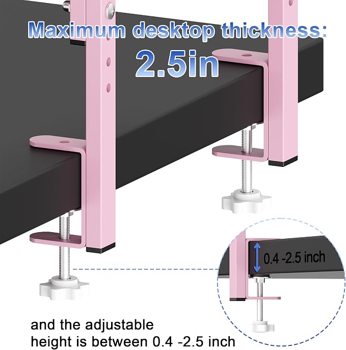 2-Tier Desk Shelf, Expandable Under Desk Storage, Clamp on Desk Shelf, Desktop Accessories for Offices, Study Rooms, and Game Rooms (Pink)