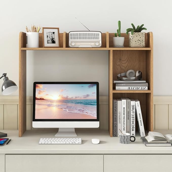 Desktop Bookshelf, 3-Tier Desk Organizer Shelves with 5 Display Rack, Countertop Storage Bookcase for Computer Desk, Desk Hutch Shelf for Top of Desk, Dorm, Home, Office (Natural)