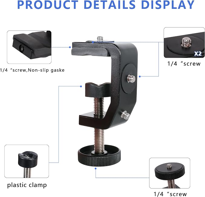 C Clamp Camera Clamp Mount with 1/4" Screw for Photo Studio Video DSLR,Cameras, Light Stand, Desk, Rods, Hooks, Shelves, Cross Bars