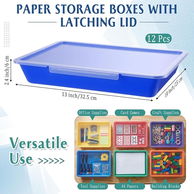 Tinlade 12 Pcs Classroom Paper Storage Bins with Clear Latching Lid, Label Stackable Letter Size Flat Tray Container for Teacher Back to School Supplies Home Office Desk Arts Crafts (Rainbow,13x10in)