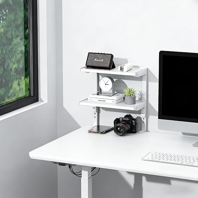 2-Tier Desk Shelf, Expandable Under Desk Storage, Clamp on Desk Shelf, Desktop Accessories for Offices, Study Rooms, and Game Rooms (White)