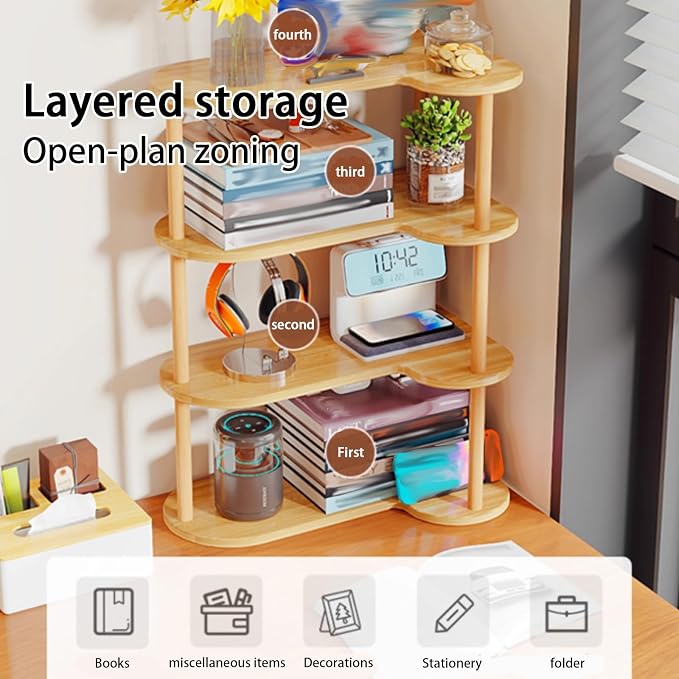 Desktop Bookshelf Organizer, Multi Tier Space Saving Corner Shelf, Thickened Wood Board Structure, Small Bookcase for Office, Home, Dorm(Light Walnut,15.3 * 8.4 * 16.9in)