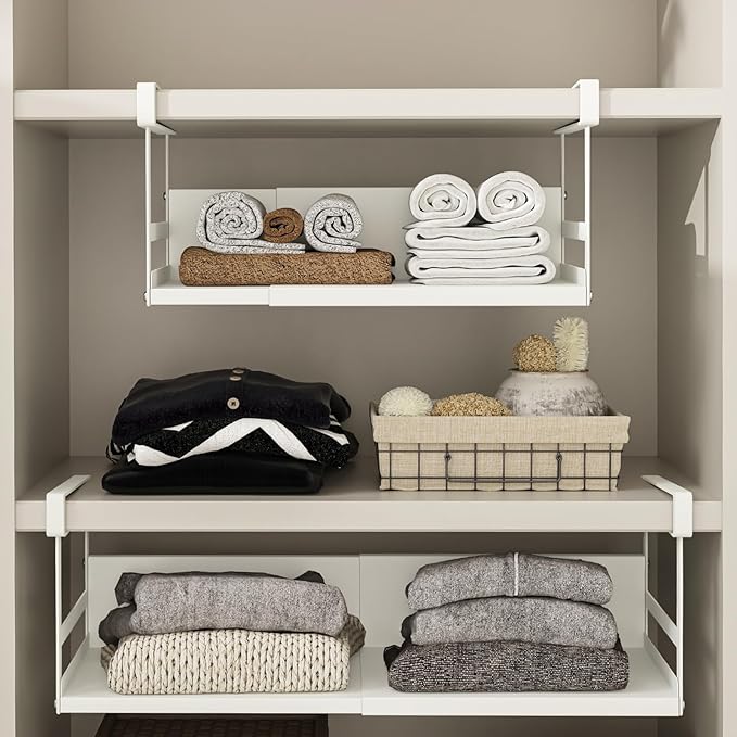 Expandable Under Cabinet Shelf Organizer with 0.94-Inch Thick Clips, Heavy Duty Extendable Under Shelf Storage Basket for Pantry or Laundry Room, White, 2 Pack, Interior: 5.7" H x 8.54" D