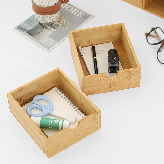 Wisuce Bamboo Desk Drawer Organizer, Desktop Organizer with Drawers Tabletop Storage Organization Box for Office Home Toiletries Supplies Vanity, No Assembly Required(4 Drawes)