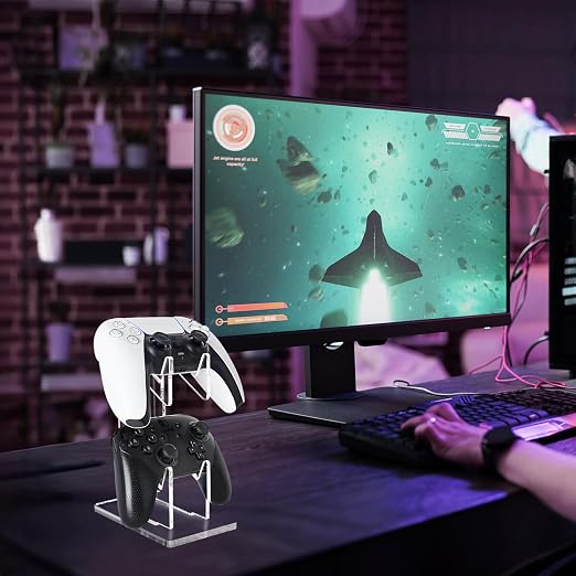 FYY Game Controller Holder 2 Pack - 2 Tiers Universal Dual Controller Stand Headphone Holder, Acrylic Clear Controller Display Stand Compatible with Nintendo Switch Xbox PS5 PS4