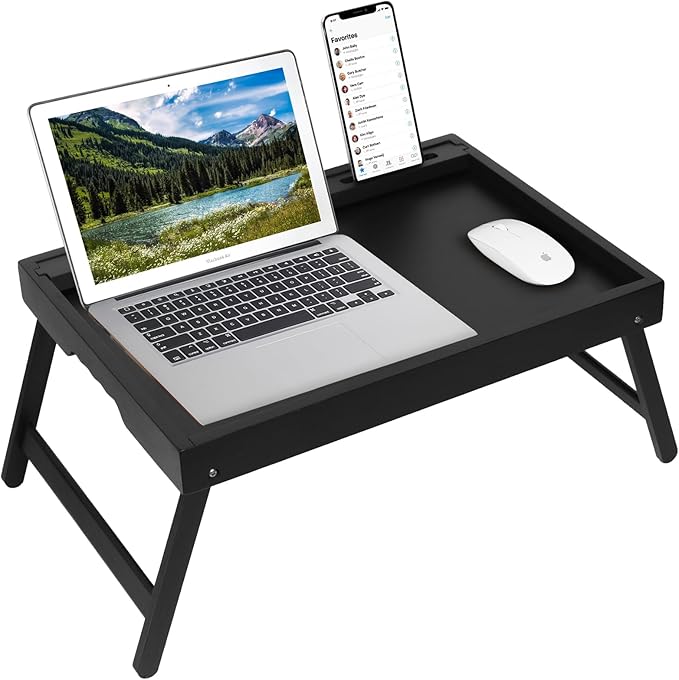 Artmeer Bed Tray Table with Folding Legs, Bamboo Breakfast Food Tray with Media Slot, Use As Platter, Laptop Desk, Snack, TV Tray Kitchen Serving Tray (Black Extra-Large Size)