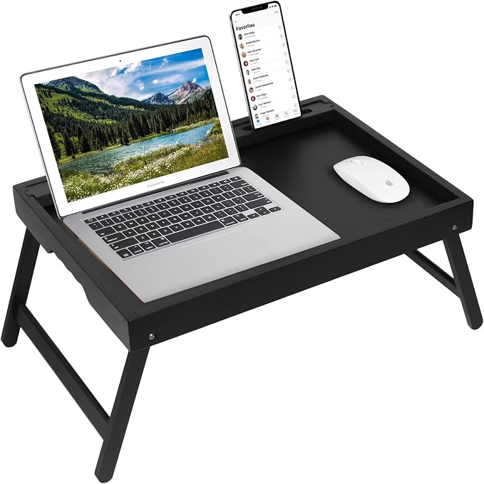 Bed Tray Table with Handles Folding Legs,Bamboo Breakfast Food Tray with Media Slot,Use As Platter,Laptop Desk,Snack,TV Tray Kitchen Serving Tray Black Large