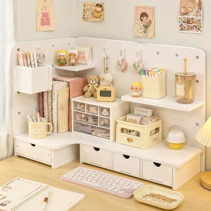 Corner Organizer Pegboard Organizer, White Desktop Storage Shelf, Small Desk Shelf for Home Office, Vertical Desk Storage, Corner Pegboard Shelf - Upgrad (#0143)