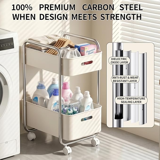 PureBox 2-Tier Metal Rolling Utility Cart with Slide-Out Drawer,Sturdy Solid Board Utility Cart for Under Desk,with Lockable Wheels Mobile Storage Organizer for Office,Living Room,Kitchen,Cream White