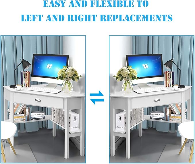 Tangkula White Corner Desk with Drawer, Storage Shelves for Computer, Makeup Vanity Desk for Small Space, 90 Degrees Triangle Desk