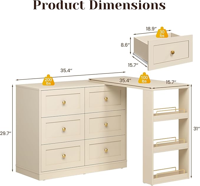 FansaFurn 67" Extendable Makeup Vanity Desk with 3 Side Shelves, L-Shaped Vanity Table and Dresser Combo with 6 Drawers, Modern Dressing Table for Bedroom, Dressing Room, Beige