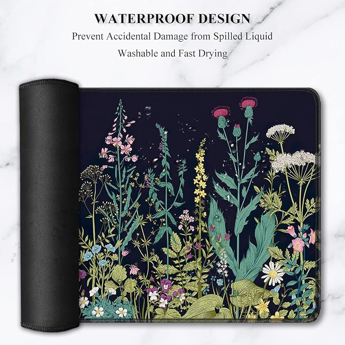 Auhoahsil Desk Pad, XXL Large Mouse Pad, Extended Gaming Mousepad, Cute Desk Mat for Women, Big Office Accessories Mouse Pad for Computer Keyboard and Laptop, 35.6" x 15.7", Black Wildflower Night