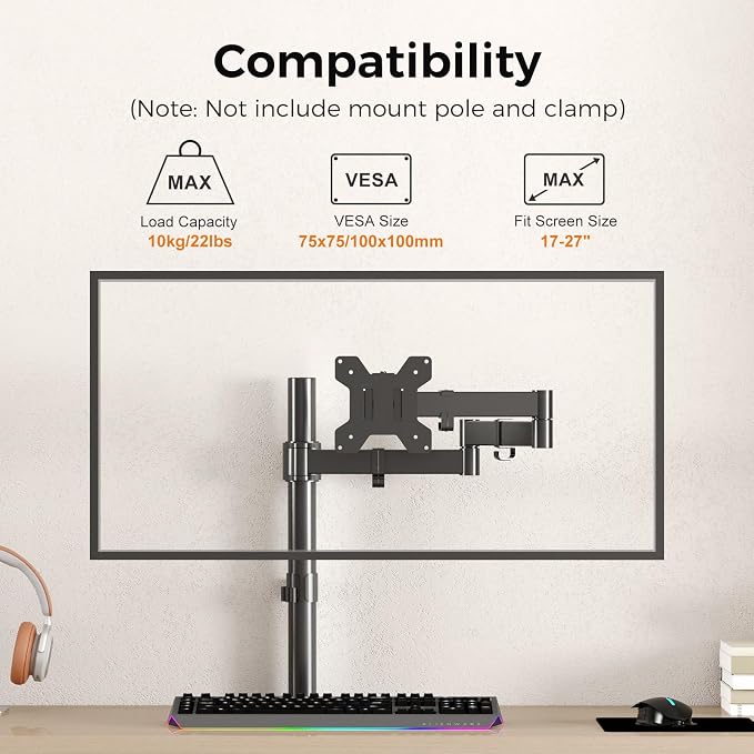 suptek Single Monitor Arm, Universal 3 Tier Arm Fully Adjustable Pole Mount Bracket Monitor Mounting for 13 to 27 inch Screen, Weight up to 22lbs, Mounting Holes 75x75mm to 100x100mm,Black