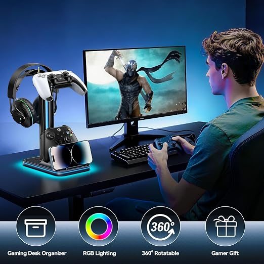 Kytok 4-in-1 Gaming Headset & Controller Stand for Desk, 360° Rotating Headphone Stand with Phone Holder, 10 RGB Modes for PC Gaming Enthusiasts, P5/SW/Xbx Controller Accessories