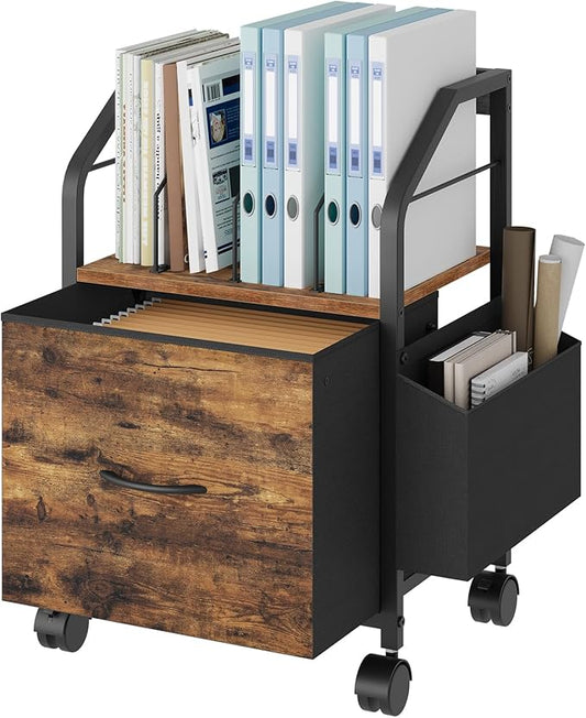 MAHANCRIS Small File Cabinet, Rolling Filing Cabinet for Under Desk with Divider, Single Non-Woven Fabric Drawer File Organizer for A4/Letter Size Documents, Under Desk Storage, Rustic Brown FCHR3001