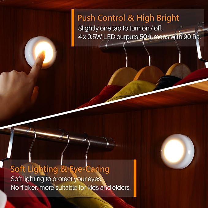 STAR-SPANGLED Push Tap Light, 2.8” Mini Night Touch LED Puck Lamp, Portable Under Cabinet Lighting AAA Battery Operated Powered, DIY Stick On Lights for Closet, Counter, Kitchen, Warm White, 5 Pack